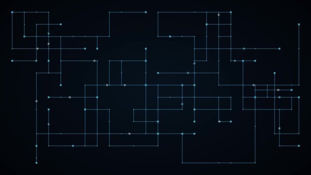 Futuristic digital circuit board animation, glowing blue network connection lines, abstract technology data processing background