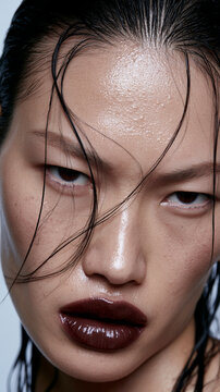 extreme closeup beauty portrait of asian woman with wetlook hair, realistic asian beauty portrait with glossy burgundy lipstick and dewy skin, elegant asian woman with luminous skin and intense gaze
