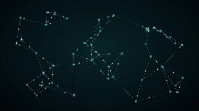 Abstract digital world map with plexus network connections, global technology data communication concept, blue glowing geometric lines and dots