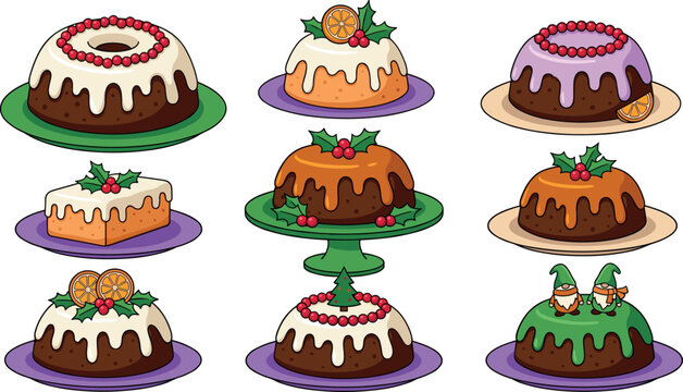 Traditional Christmas fruitcakes and holiday bundt cakes collection set with frosting berries orange slices and gnomes vector cartoon illustrations