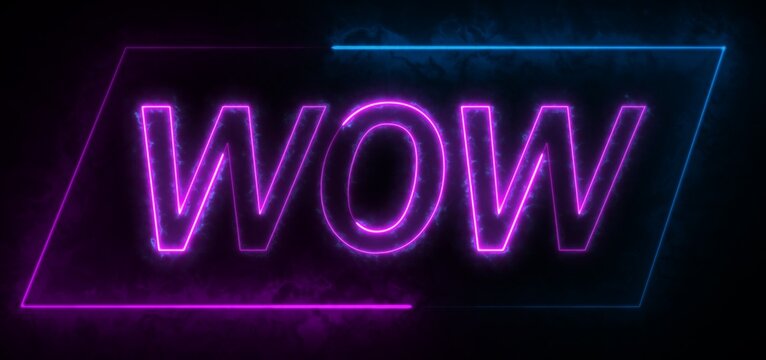 Neon WOW Text with Glowing Purple and Blue Outline on Black Background word