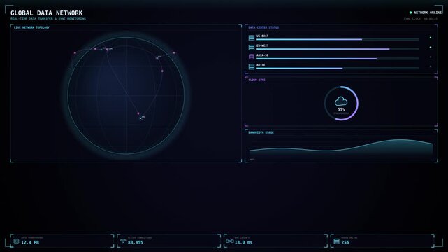 Futuristic global data network interface, digital HUD dashboard with radar and analytics, high-tech cybersecurity monitoring screen