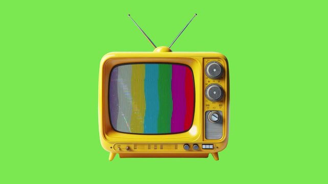 Vintage yellow television set featuring colorful test pattern bars on screen isolated on green background for media nostalgia concept