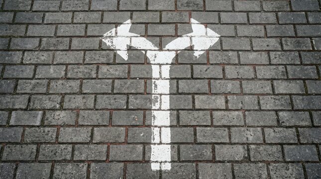 White painted two way arrow on brick paving showing decision split road concept