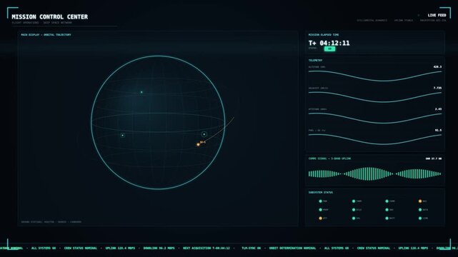 Mission Control Center digital interface, futuristic space flight HUD with planetary tracking, sci-fi data visualization screen for aerospace research