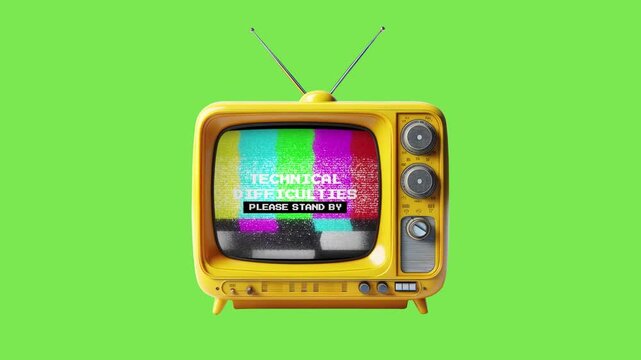 Retro yellow tv displaying technical difficulties stand by message on color bar test screen with green background