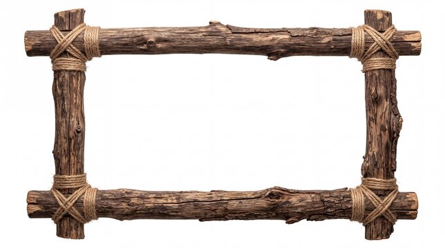Rustic rectangular wooden frame made from tree branches and tied with rope on white background