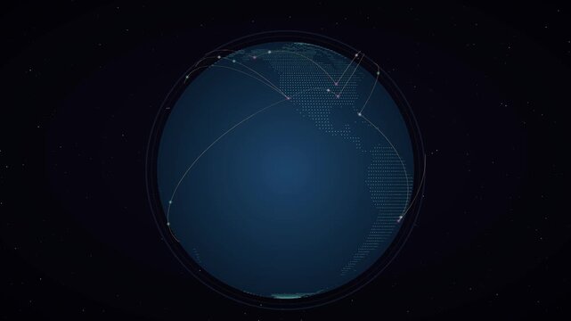 Global network connection on digital earth globe, blue world map with glowing data lines, futuristic telecommunication and internet technology concept