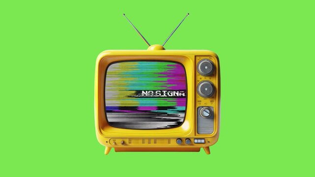 Vintage yellow television with static screen on green background, retro electronics concept