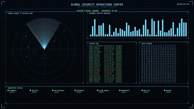 Futuristic global security operations center HUD, digital radar screen with data analytics, high-tech cybersecurity interface for network monitoring