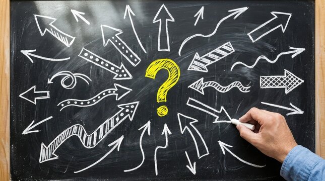 Hand drawing many arrows around question mark on chalkboard visualising choice confusion concept