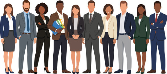 Obraz premium Diverse professional business team vector collection featuring corporate men and women in formal office attire isolated on white background illustration