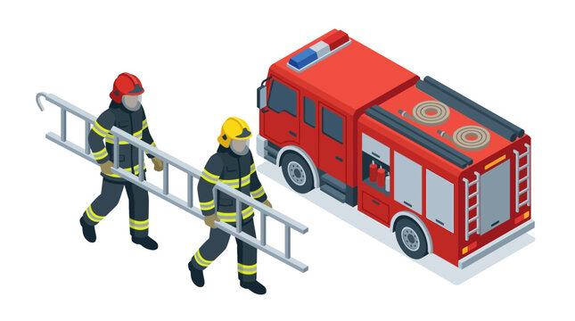 Isometric illustration of firefighters with ladder and fire truck