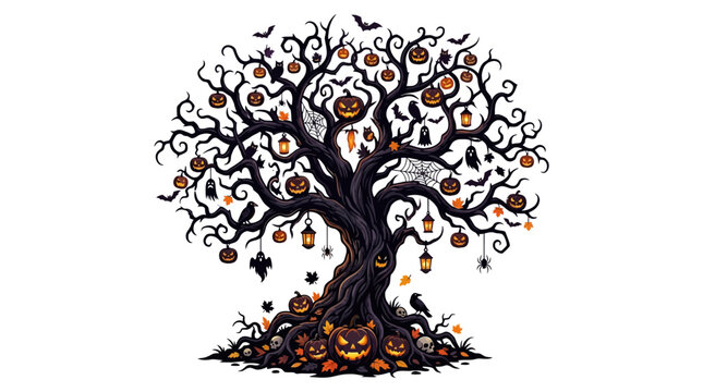 Halloween tree with gnarled, dark branches is adorned with glowing jack-o'-lanterns, bats, and spiders, rooted in a base of smaller pumpkins and eerie foliage, evoking a spooky autumnal atmosphere.