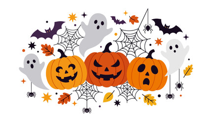 Fototapeta premium A playful Halloween cluster features three expressive carved pumpkins, surrounded by whimsical ghosts, intricate spiderwebs, fluttering bats, and scattered autumn leaves, creating a festive.
