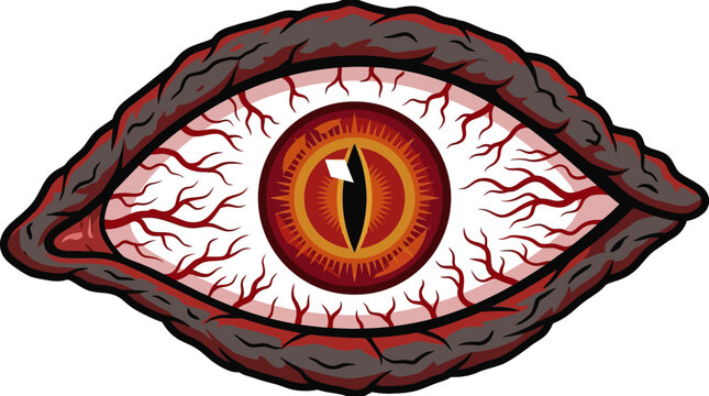 A monstrous red eye with a reptilian pupil and bloodshot sclera stares intensely, surrounded by dark, textured lids, evoking a sense of horror and vigilant watchfulness.