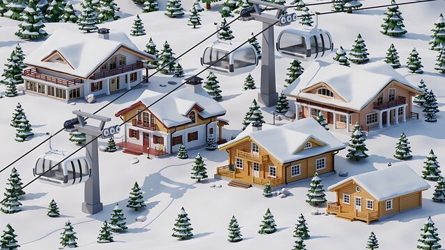 3D illustration of a cozy winter ski resort village with wooden chalets and cable cars in snow