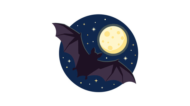 Bat silhouette with intricate wings flies across a dark, star-filled night sky with a luminous yellow full moon, creating a mysterious and enchanting nocturnal scene.