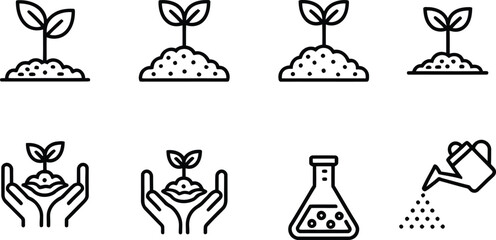 Naklejka premium Plant growth and gardening outline icons featuring seedling cultivation agriculture fertilizer eco care and sustainable farming vector collection