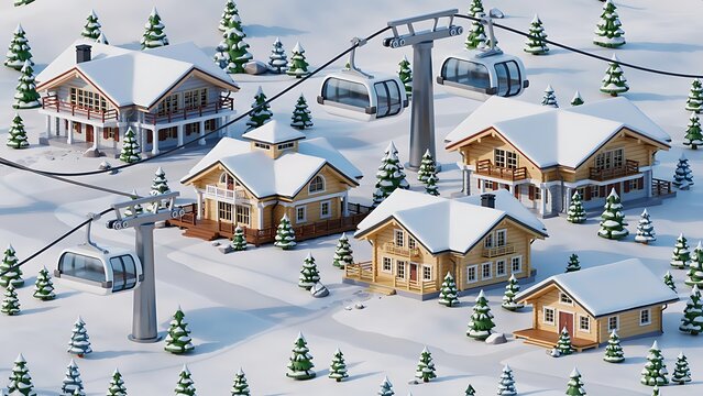 Isometric 3D rendering of a winter ski resort village with snowy wooden chalets pine trees and alpine cable cars under a clear sky