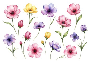 Fototapeta premium Watercolor flowers bouquet with buds illustration