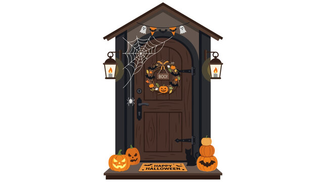 Cozy brown front door is festively decorated with a spooky spiderweb, glowing lanterns, stacked pumpkins, and a 'Happy Halloween' mat, ready for trick-or-treaters.