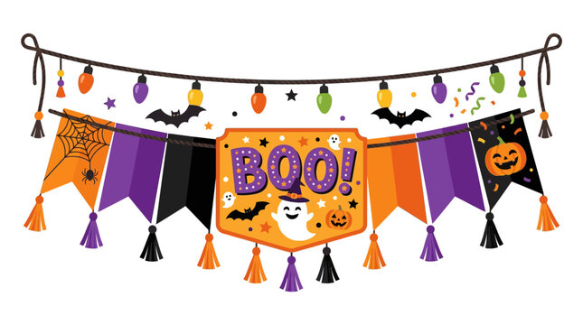 Vibrant Halloween bunting banner features purple, orange, and black flags adorned with ghosts, bats, pumpkins, and string lights, perfect for festive decorations.
