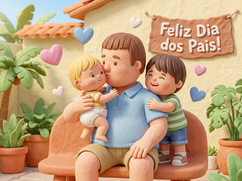 Father holding children with hearts