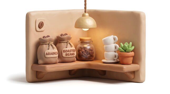 3D clay style coffee shop corner shelf diorama