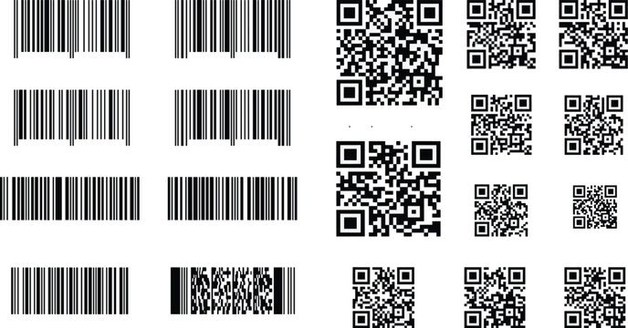 Minimalist Black and White Barcode and QR Code Vector Icon Set Featuring Various 1D and 2D Data Matrix Formats with Typographic Labels for Retail Inventory and Logistics Tracking