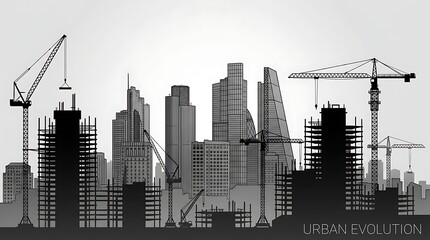 Obraz premium City Skyline Construction With Cranes And Skyscrapers For Urban Development And Growth Projects
