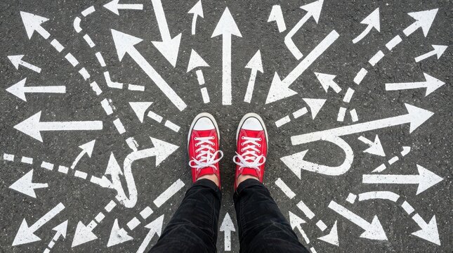 Person wearing red sneakers standing on asphalt road with many directional arrows