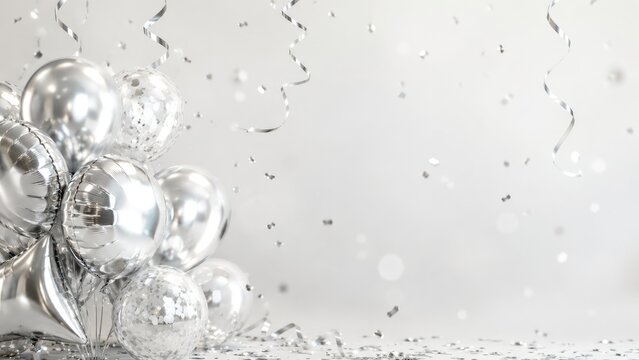 Silver metallic balloons, confetti and curling ribbons arranged as an elegant festive celebration backdrop