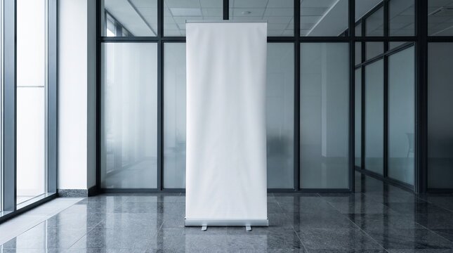 Blank roll up banner mockup in modern corporate office interior