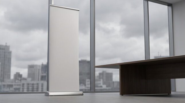 Blank roll up banner mockup in modern corporate office interior