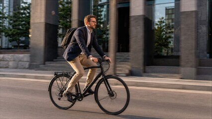 Obraz premium Morning urban commute scene with office worker cycling past modern buildings, illustrating dynamic mobility, active lifestyle and practical work transport.