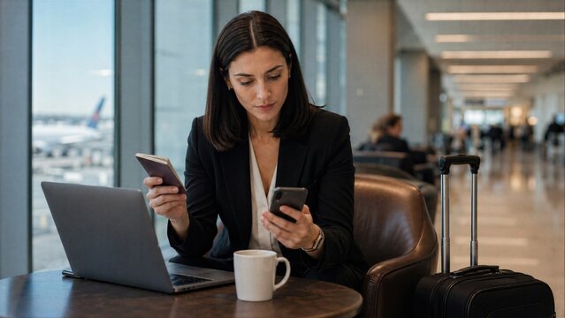 Professional busy business woman checks phone before boarding while working on laptop, illustrating corporate travel and mobile productivity.