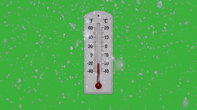 Outdoor thermometer snow falling green screen