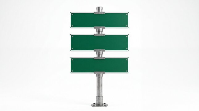 Blank green road signs mounted on a sturdy metal post isolated against a clear on white background