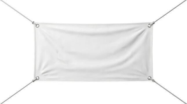 White rectangular banner with metal grommets and cords for hanging isolated on transparent background