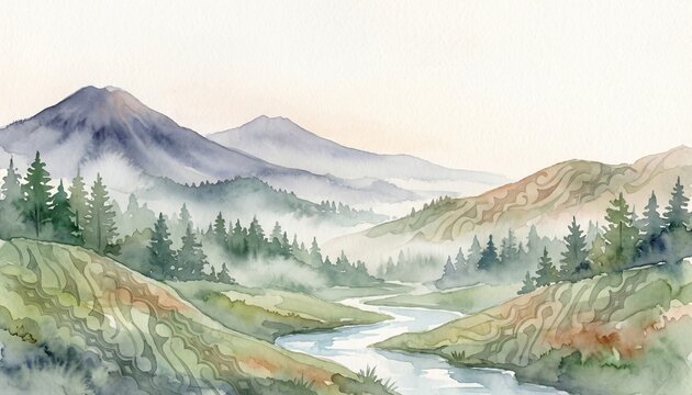 Hand Painted Watercolor Indonesian Mountain Valley with Subtle Parang Batik Landscape and Morning Mist