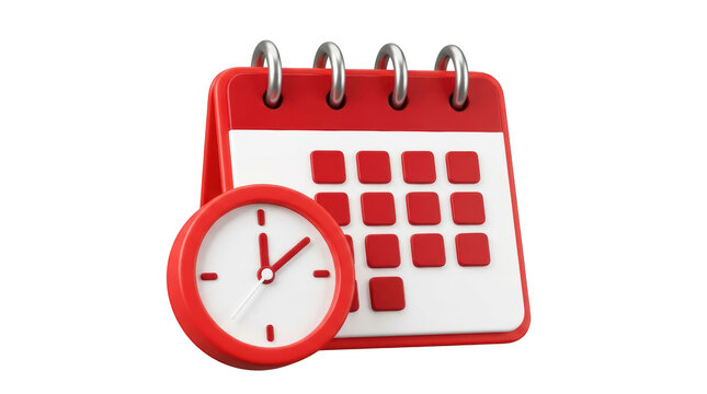 Red calendar and clock icon representing scheduling and time management isolated on transparent background