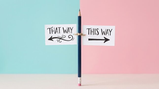Pencil signpost with that way and this way signs on a blue and pink background