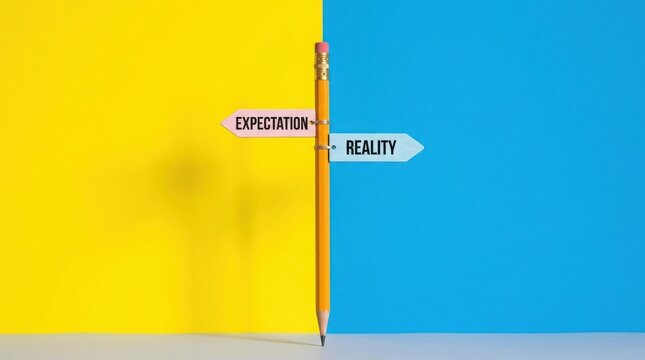 Pencil signpost with expectation and reality signs on a yellow and blue background