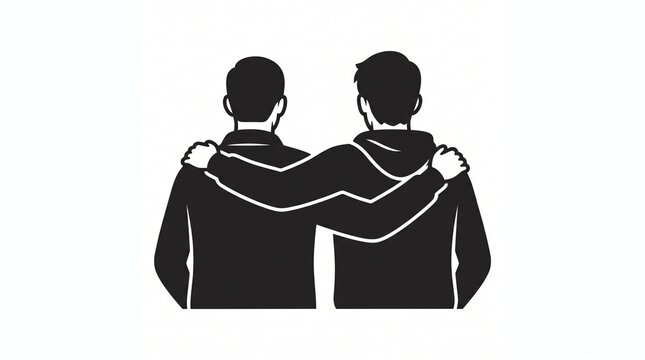 Silhouette illustration depicting two men embracing with arms around shoulders with embracing white background black silhouette relationship