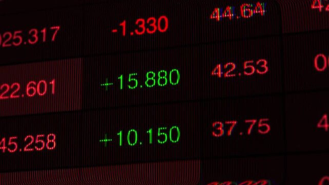 Dynamic Stock Market Display Capturing Fluctuating Values with Significant Gains and Losses in Real-Time Trading Data Across Electronic Screens