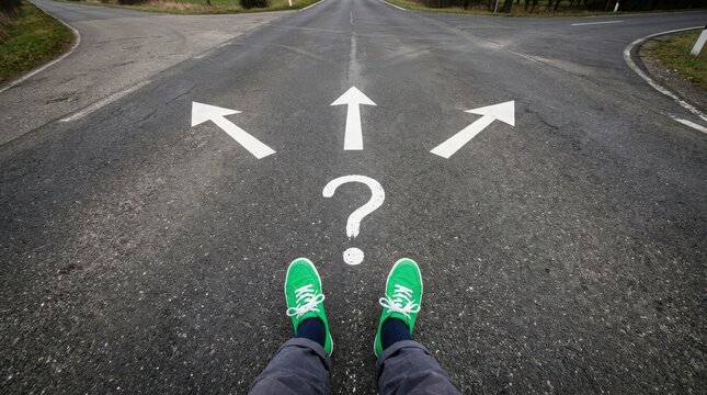 Person standing at a crossroads with question mark and multiple directional arrows