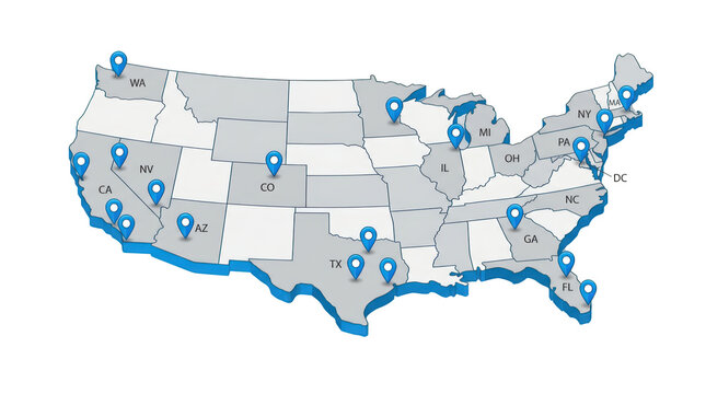 Map of the united states with blue location markers highlighting key states isolated on transparent background