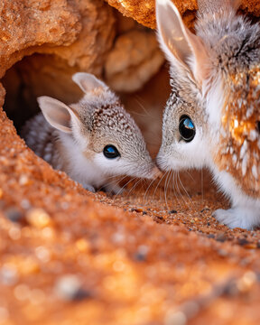 An adorable baby bilby nuzzles close to its mother near the entrance of their sandy desert burrow.