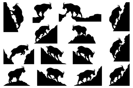 Silhouettes of mountain goats climbing rocky terrain in dynamic poses.
